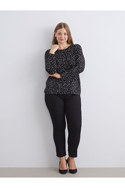 LC Waikiki artı-store'den Siyah Büyük Beden Bisiklet Yaka Desenli Bluz