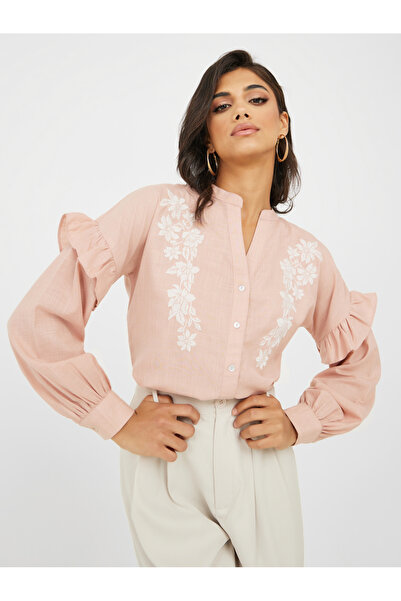 Styli Embroidered Ruffle Detail Mandarin Collar Shirt