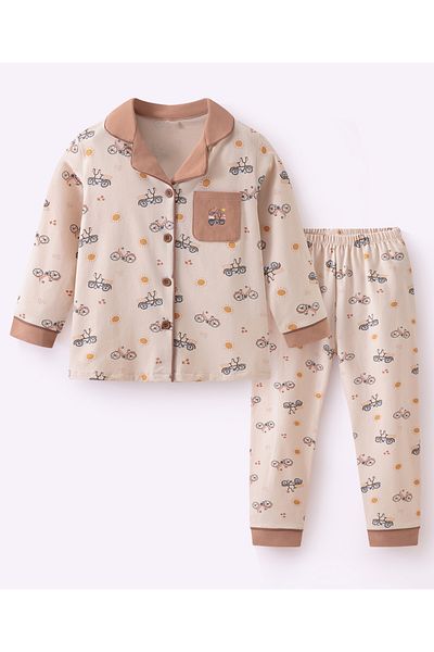 SAPS All Over Bicycle and Sun Printed Full Sleeves Night Suit - Beige and Brown