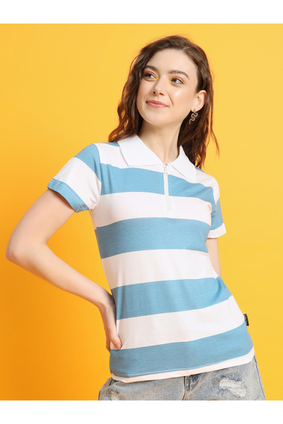The Dry State By Styli Women Blue Striped Polo T-Shirt