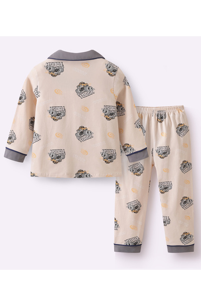 SAPS All Over Built Tough Vehicle Printed Full Sleeves Night Suit - Beige and Gray