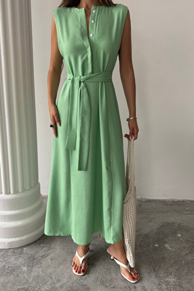 ALPACO Linen Dress Sleeveless Waist Tie Maxi Dress - Green