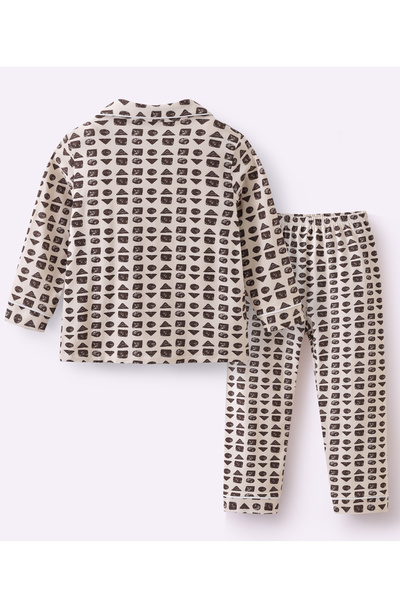 SAPS All Over Geometric Shapes Printed Full Sleeves Night Suit - Beige and Brown