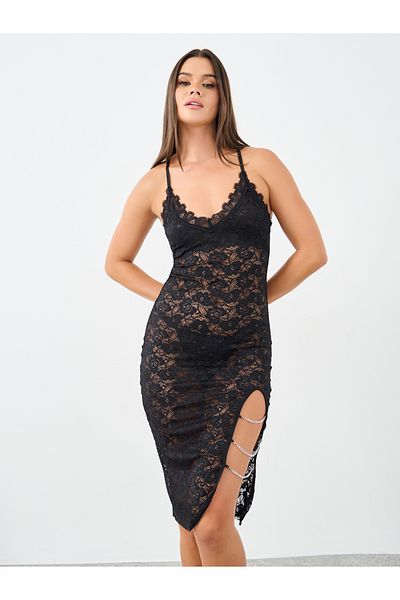 Styli Floral Lace Slip Dress with Thigh Slit Chain Detail and Thong Set
