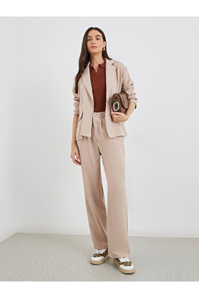 Styli Women Beige Solid Casual Blazer and Pants Co-Ods