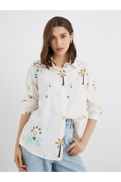 Styli Women All-Over Print Long Sleeve Oversized Shirt