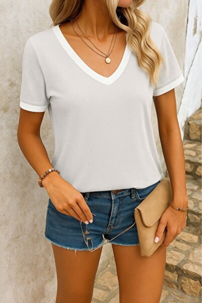 ALPACO Bluză de damă cu mânecă scurtă cu decolteu în V din viscoză