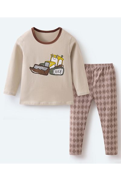 SAPS Construction Vehicle Printed Full Sleeves Night Suit - Beige and Brown