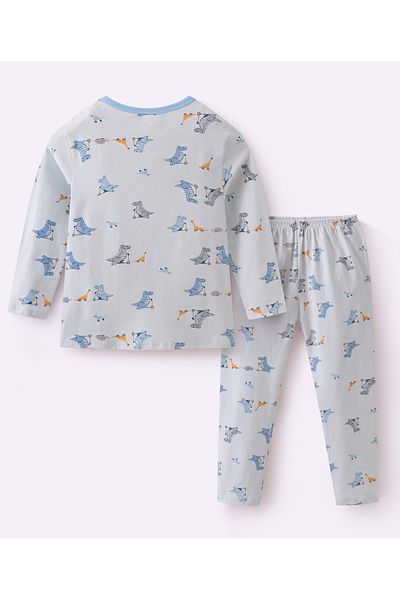 SAPS All Over Dino Printed Full Sleeves Night Suit - Grey and Blue