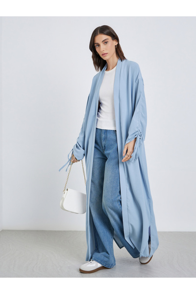 Styli Solid Ruched Sleeve Front Open Kimono