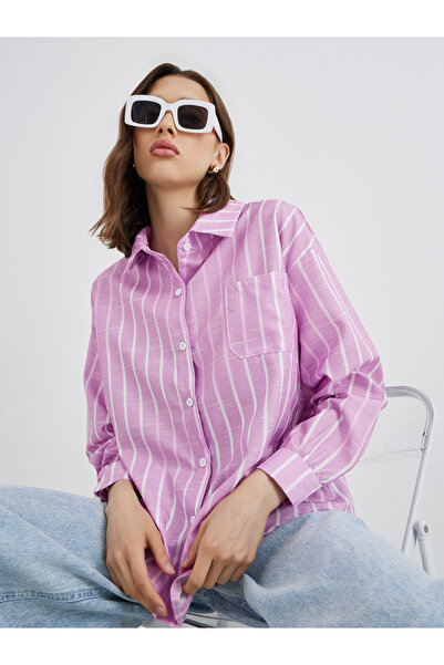 Styli قميص نسائي مخطط بأكمام طويلة ومقاس كبير مع تفاصيل جيب