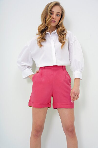 VAGGON Women's Fuchsia Double Pocket Double Leg Hidden Zipper Linen Shorts Prmx13767