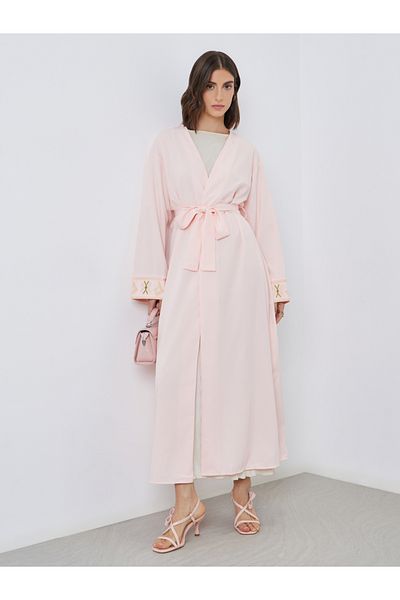 Styli Women Peach Embroidered Detail Long Sleeve Kimono with Tie