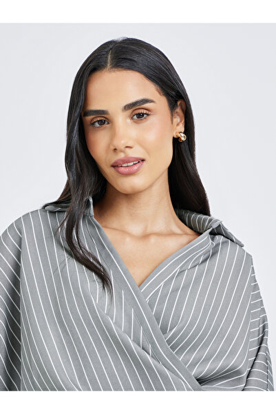 Styli Women Grey Striped Batwing Sleeves Wrap Top