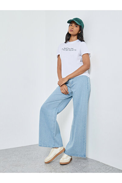 Styli بنطال جينز باهت بارتفاع متوسط وساق واسعة