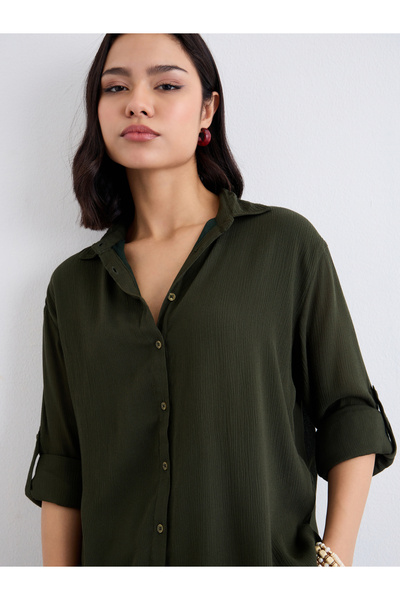 Styli Women Olive Crinkled Oversized Shirt and Pants Co-Ords