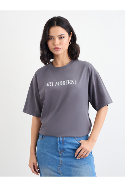 Styli Women Charcoal Graphic Print Oversized T-Shirt