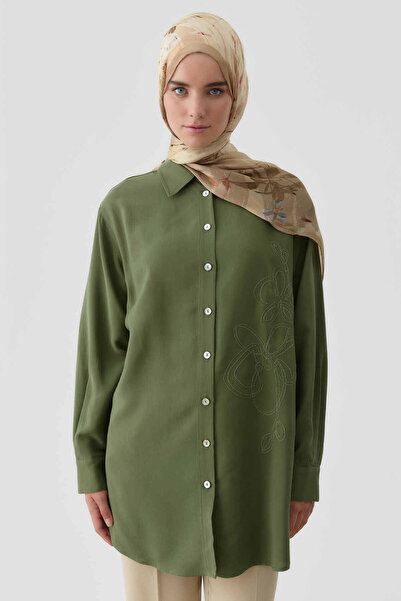 Tuğba Nakışlı Düşük Kollu Gömlek - Haki