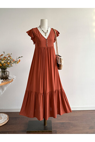 Russty Dustty By Styli Rust Frill Sleeves Maxi Dress