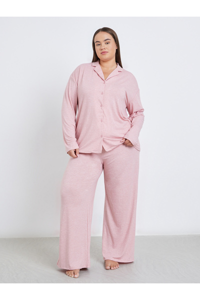Styli Plus Melange Shirt and Wide Leg Pyjama Set