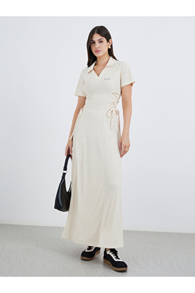 Styli Textured Waist Tie-Up Collared Maxi Dress