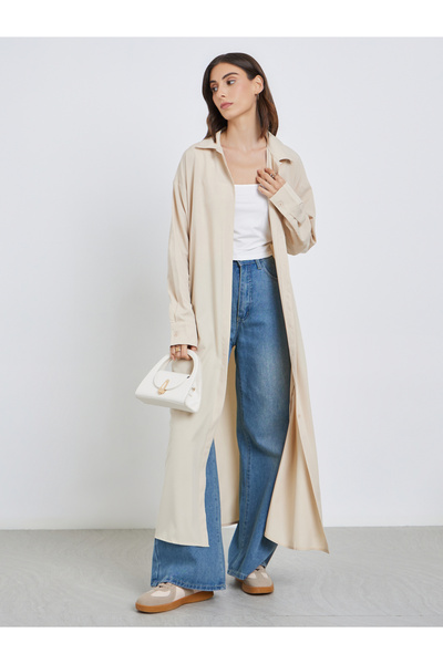 Styli Solid Collared Kimono with Button Closure