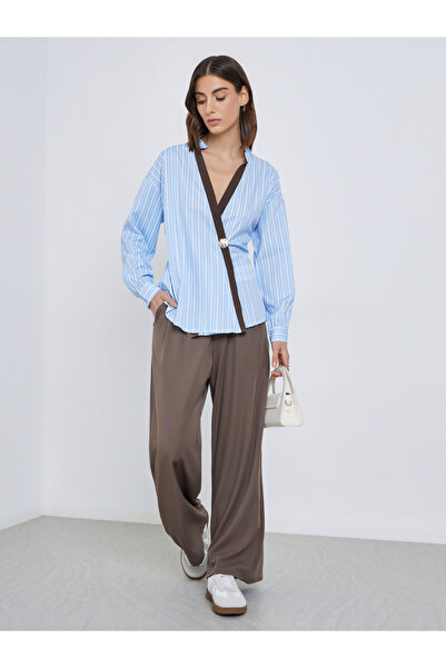 Styli Contrast Trim Striped Wrap Top