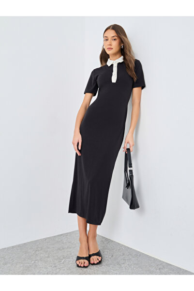 Styli فستان متوسط الطول بتصميم تي شيرت ضيق وياقة متباينة