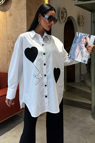 Lijuri Heart Embroidered and Button Detailed Oversize Shirt 3430 R7-A-K4