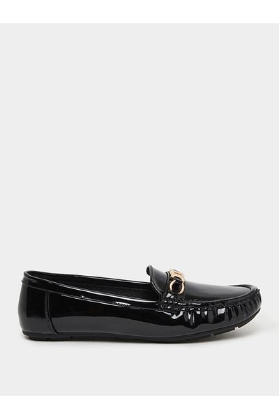 Styli Women Beige Patent Loafers with Buckle Accent