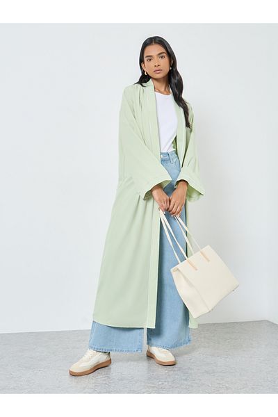 Styli Women Green Front Open Kimono with Pipping Detail