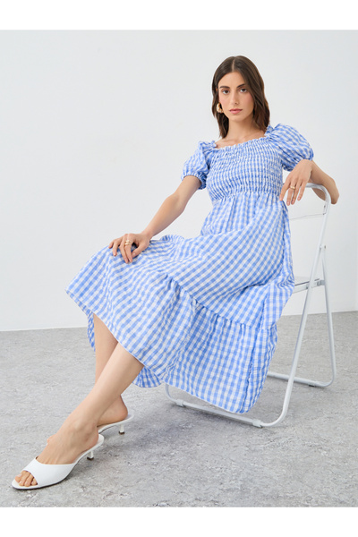 Styli Women Blue Gingham Checked Midi Dress