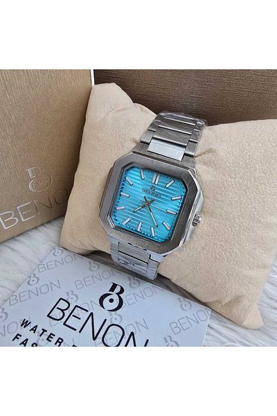 benon Men's silver steel watch with an elegant sky blue dial
