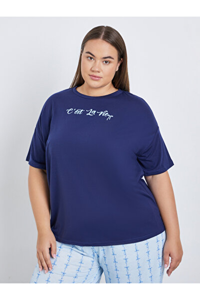 Styli Plus Slogan Dropped Shoulder T-Shirt and Pyjama Set