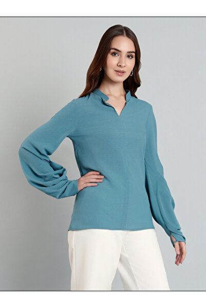 Mish By Styli Solid Balloon Sleeve Mandarin Collar Blouse