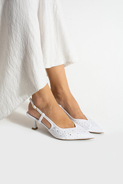 Güllü Shoes Beyaz Taş Detaylı İnce Topuklu Slingback Stiletto – Şık ve Zarif Abiye Kadın Ayakkabı