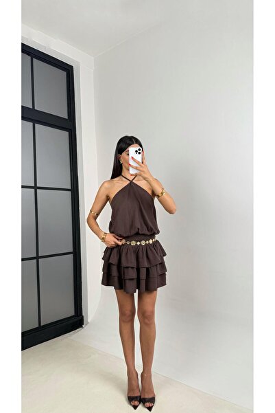 Gaus Kahve Boyundan Bağlamalı Katlı Tasarım Mini Elbise GAUS-0040