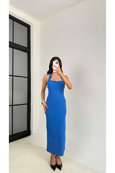 Gaus Blue Halter Neck Slit Detail Lycra Dress Gaus-0054