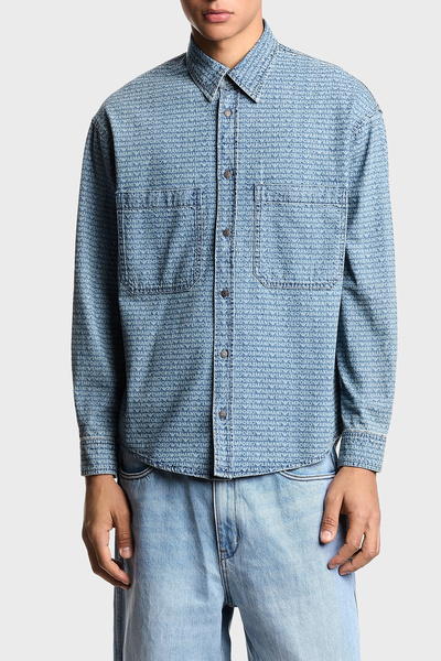 Emporio Armani Logo Printed Cotton Comfort Fit Classic Collar Pocket Denim Shirt Men's Shirt Em003694 a