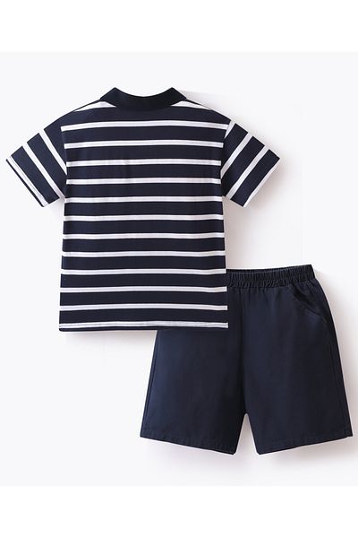 SAPS Bear Embroidered and Striped Short Sleeves Polo T-Shirt and Shorts Set - Navy and White