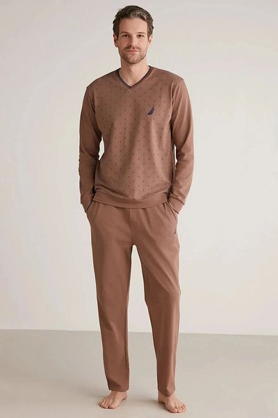 YUYİ N a U t L C a Pamucly V-Neck Soft Textured Long Sleeve Men's Pajama Set