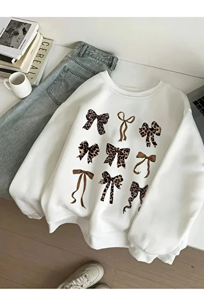 uyguntarz Unisex Leopard Patterned Ribbon Printed Oversize Sweatshirt