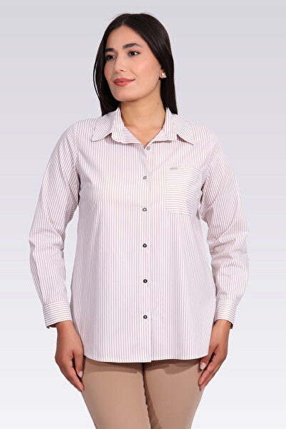 TOLGA SARAÇOĞLU 11037 Beige Cotton Mixed Striped Shirt