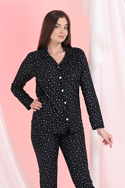 Elit Black Little Star Front Buttoned Winter Suede Women's Pajama Set