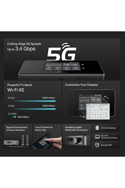 TP-LINK M8550 5G LTE Mobile Tri-Band Wi-Fi 6E Router - Up to 3.4Gbps, 4680mAh Battery, Up to 64 Devices