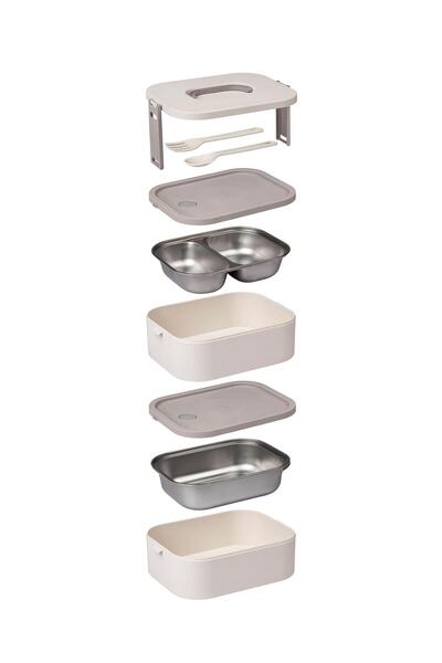 Okyanus Home Lunch Box with Stainless Steel Chamber 2 Layer Self Fork Spoon Lunch Box Beige