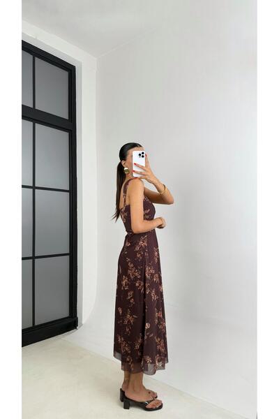 Gaus Kahve Askılı Dantel Detaylı Çiçek Desenli Astarlı Elbise GAUS-0046