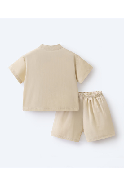 SAPS 100% Cotton Solid Mandarin Collar Shirt and Shorts Co-Ords Set - Beige