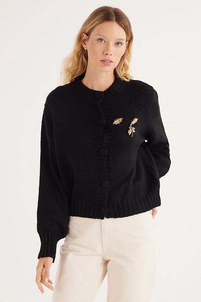 Tudors Women's Regular Fit Classic Cut Butterfly Embroidered Black Cardigan