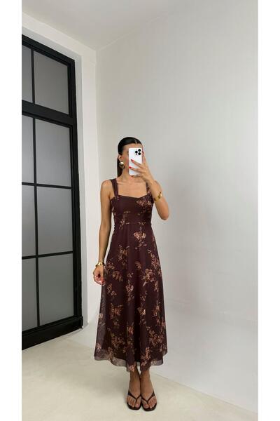 Gaus Kahve Askılı Dantel Detaylı Çiçek Desenli Astarlı Elbise GAUS-0046